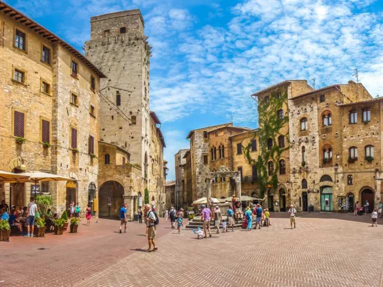 Piazza della Cisterna in historic San Gimignano in Italy