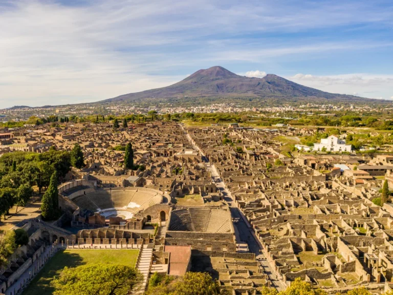 View of Mount Vesuvius and ruins of the Roman city Pompeii