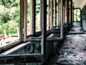 Destroyed building interior in the ghost town of Consonno