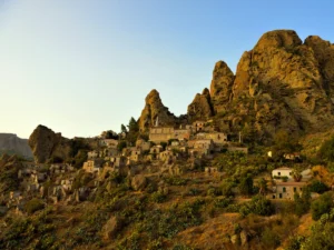 View of the ghost town Pentedattilo in Italy