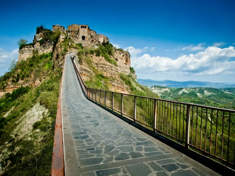 Walk on a bridge to Civita di Bagnoregio, Italy